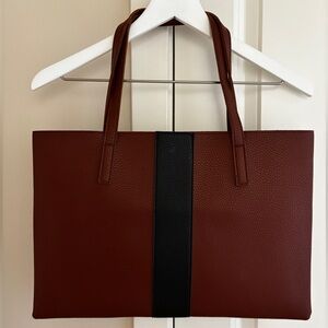 Vince Camuto Luck Tote in Cognac with Black Racer Strip in Pebbled Vegan Leather